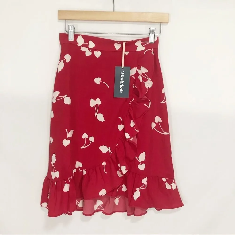 Modcloth Ruffled A-Line Womens Skirt It's a Wrap Cherry Print Size 2 / XS